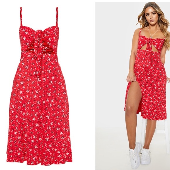 PrettyLittleThing Red Floral Tie Front Dress - Picture 6 of 14